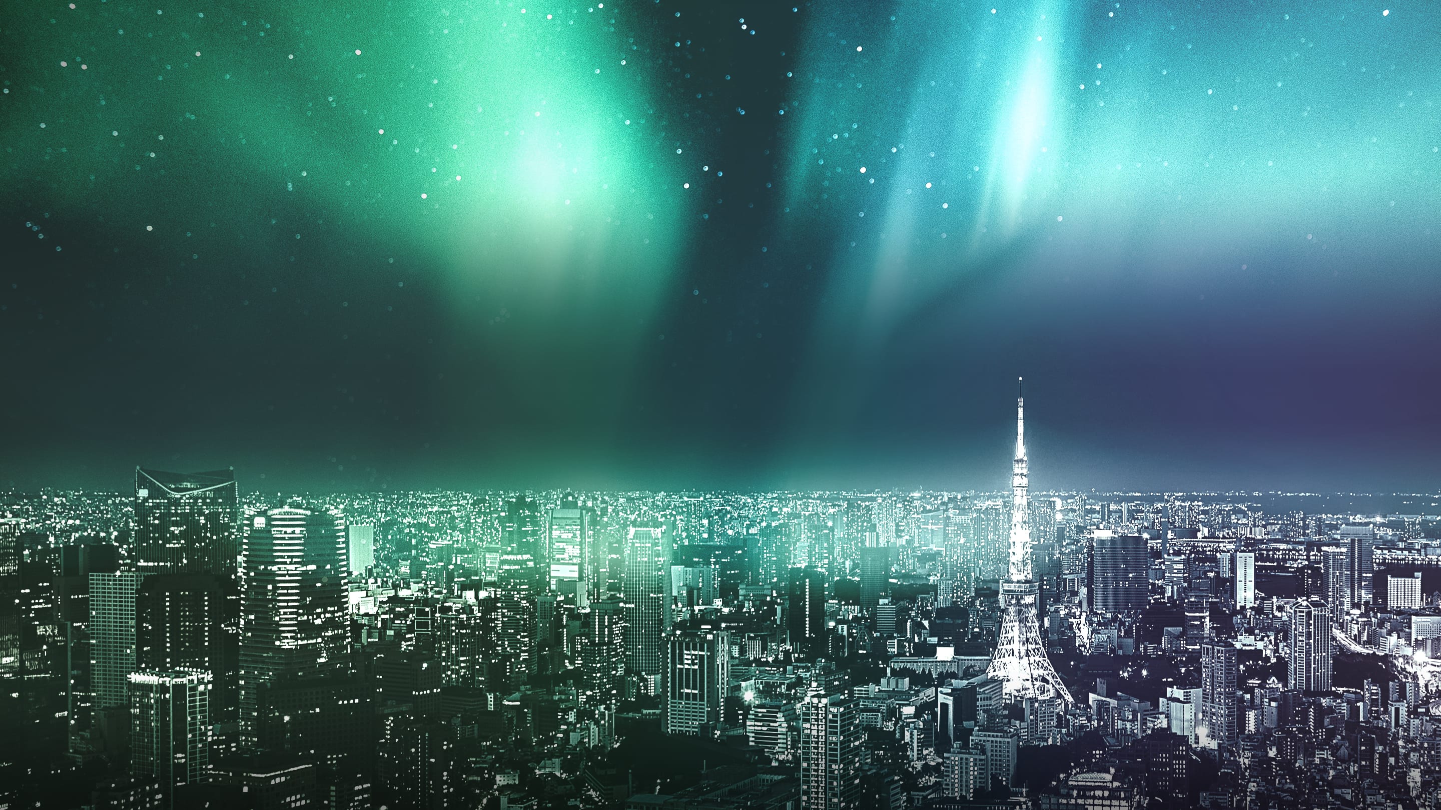 東京の夜景にオーロラが浮かんでいる背景